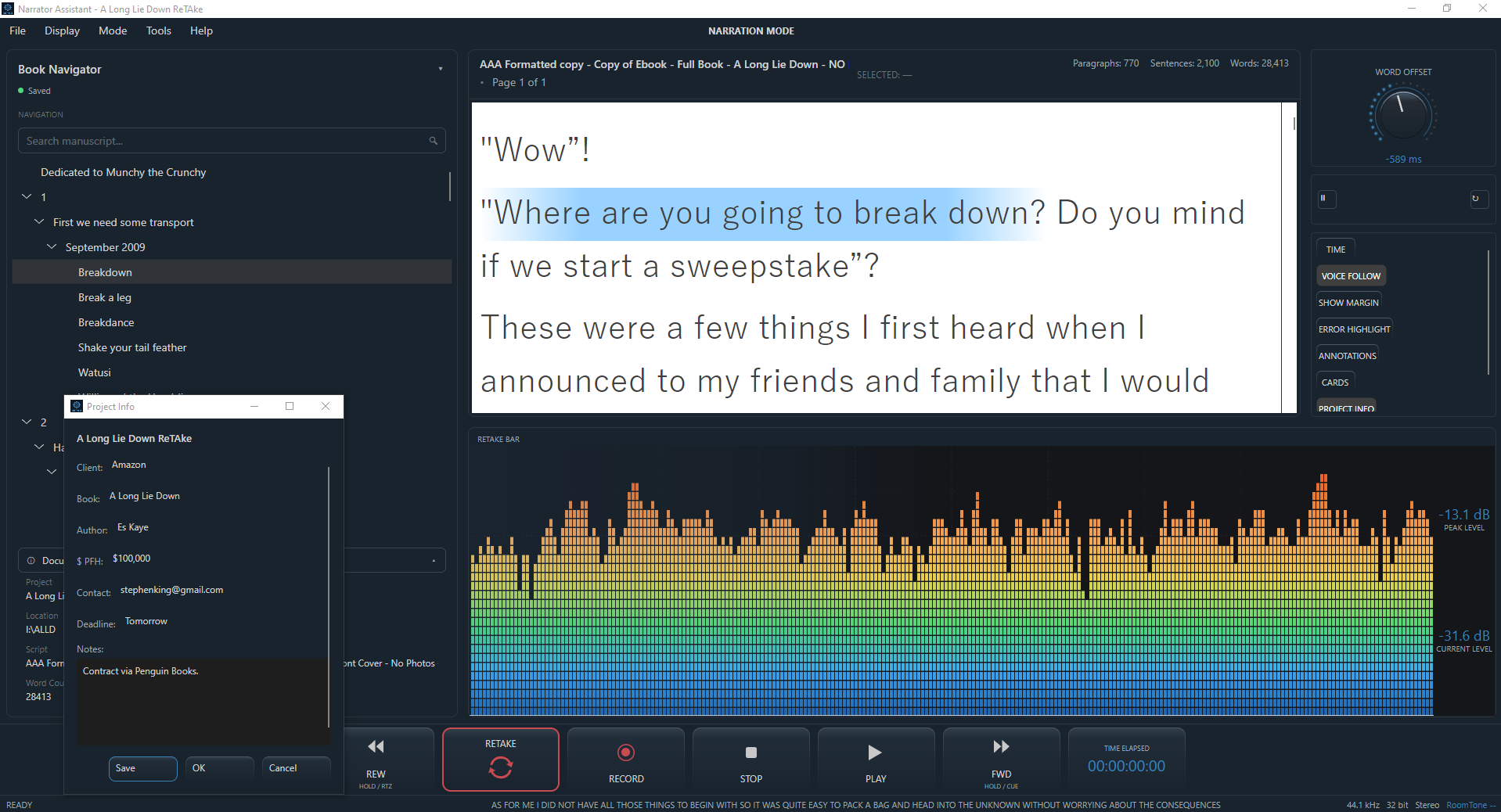 Narration Mode, showing the manuscript alongside narration and recording controls